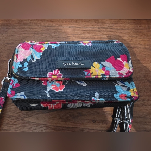 VERA BRADLEY Crossbody RFID Wallet Dark Gray w/Floral Pattern - Picture 2 of 11